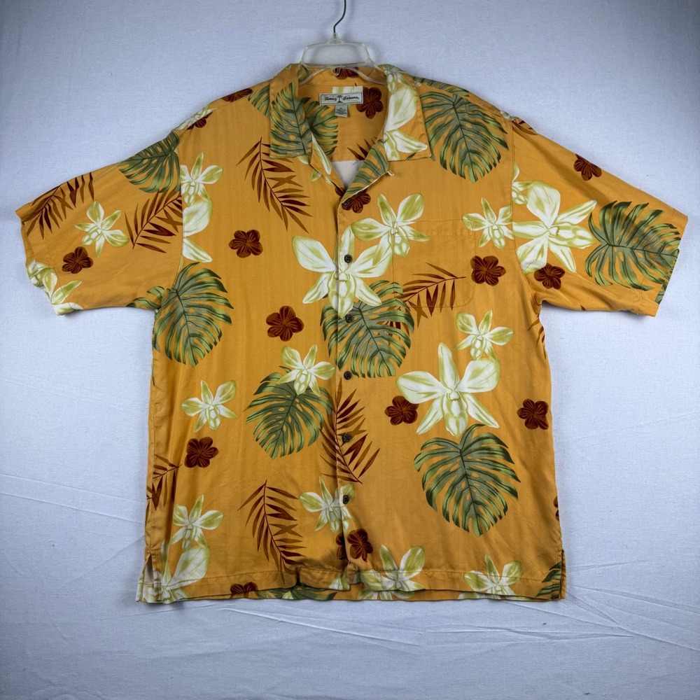 Tommy Bahama Mens XL Orange Silk Floral Tropical Monstera Camp Shirt RN 86549